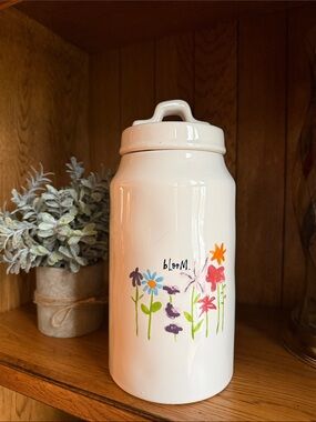 Rae Dunn White Ceramic Magenta Bloom Canister with Colorful Flowers